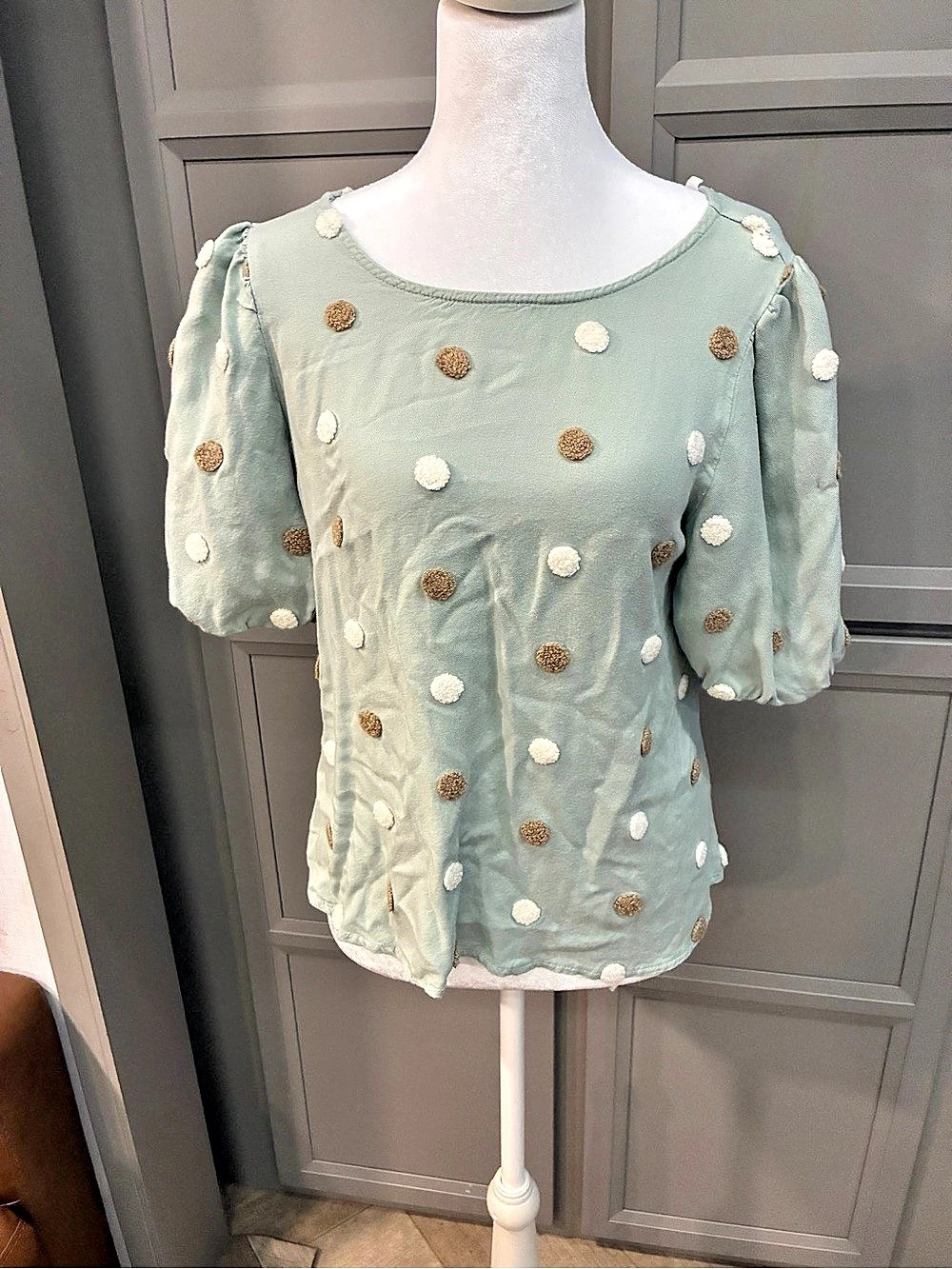 MINE Polka Dot Puff Sleeve Blouse in Green Size Medium